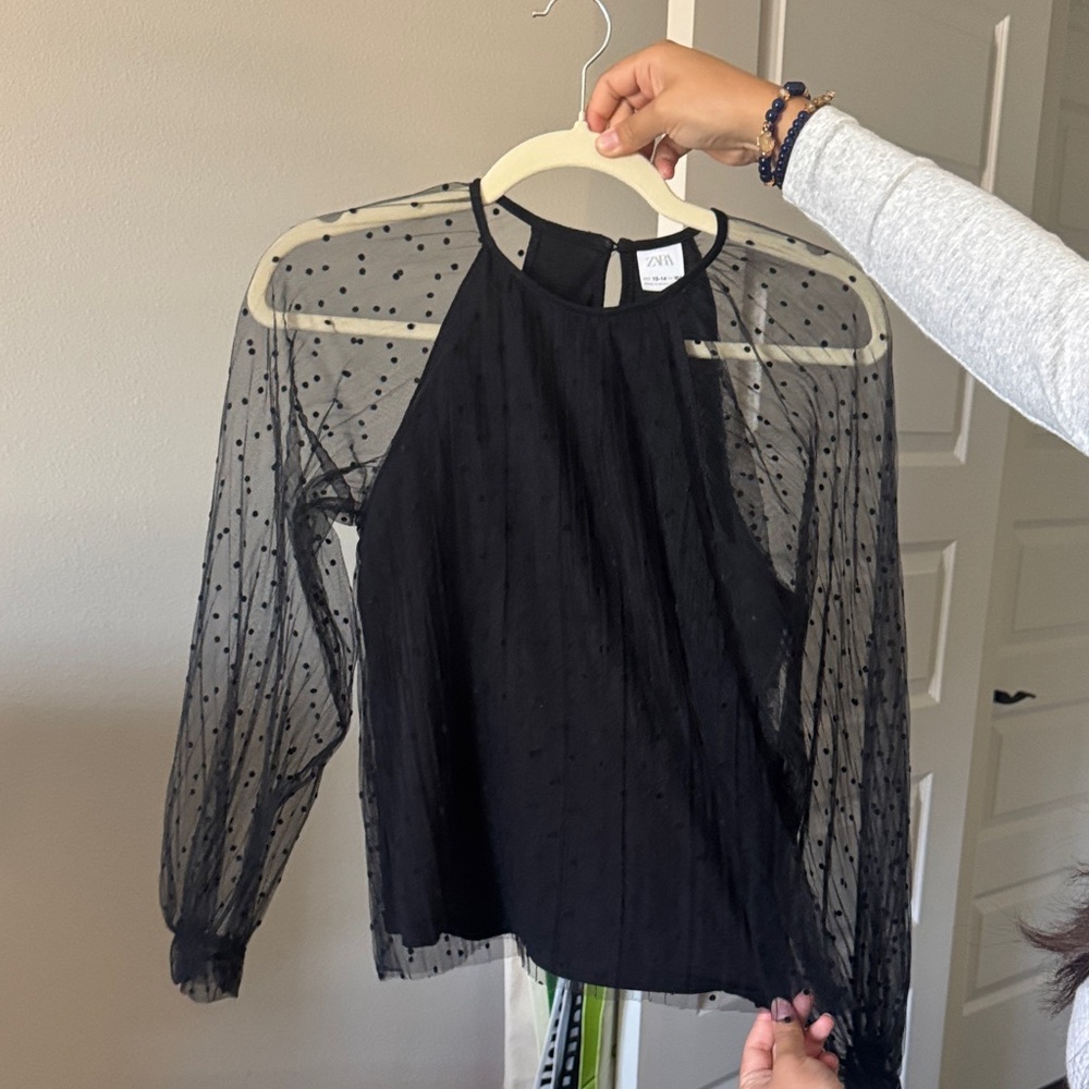 Zara Black Sheer Polka Dot Blouse
